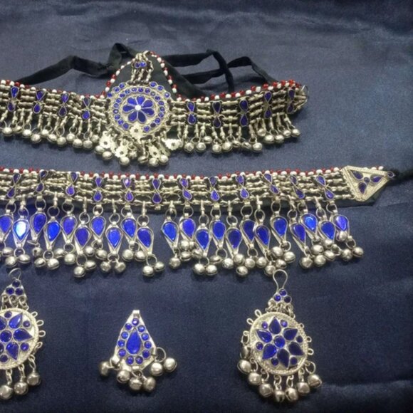 Afghan Blue Glass Stones Jewelry Set, Four Piece Kuchi Afghan Jewelry Set - Picture 3 of 7